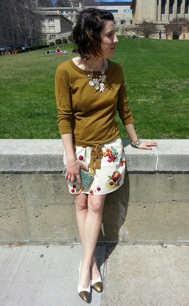 Madewell fruit dress + Merino sweater + lots of sparkle miaprimacasa.com