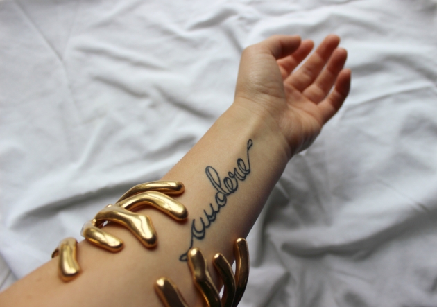 audere" tattoo: "be bold" in Latin